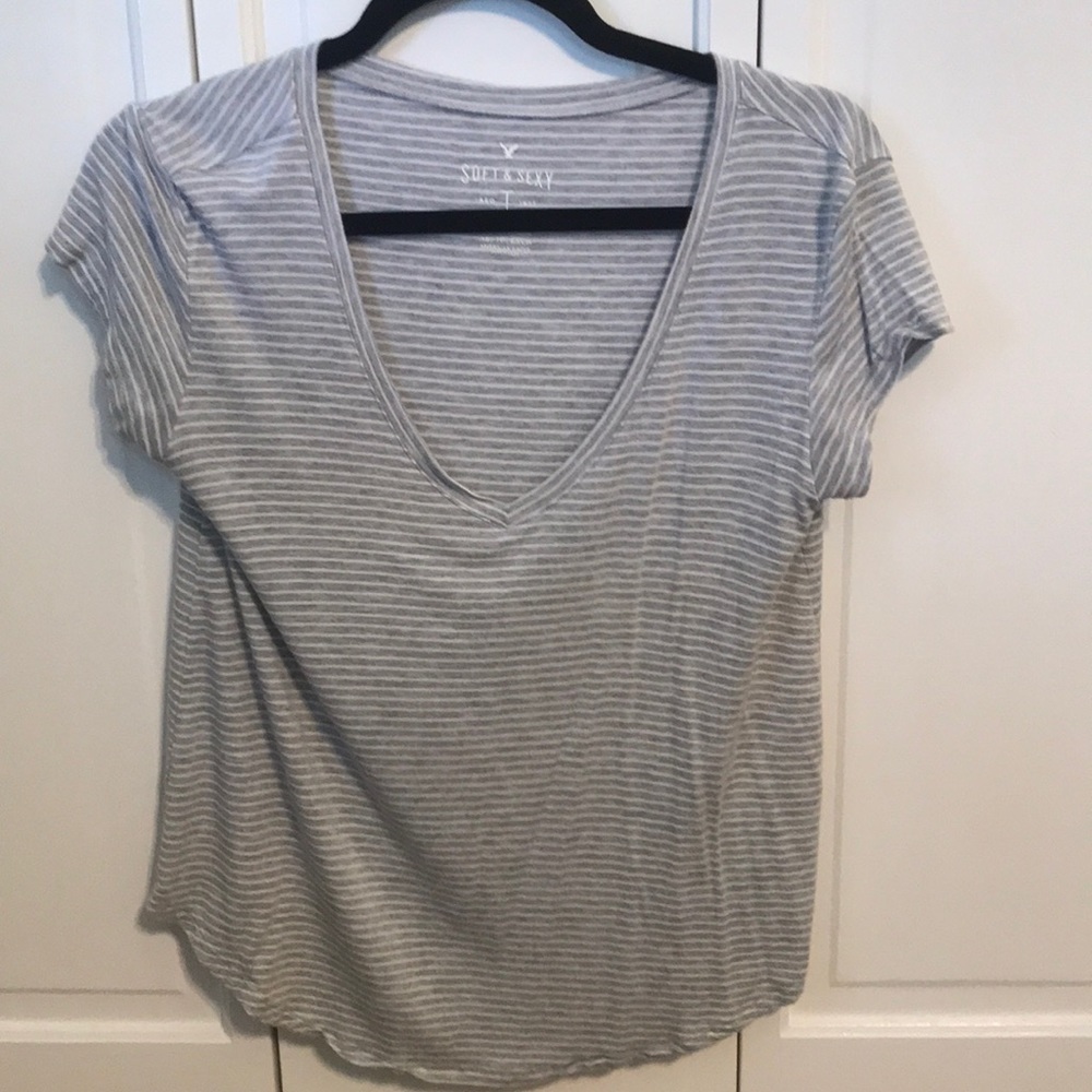 American Eagle Grey and White Stripe Basic Vneck T